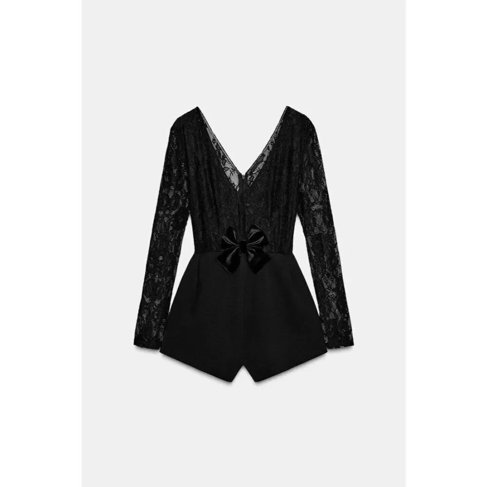 Zara Womens Lace Combination Jumpsuit Romper M Medium Black Tie 4813/842 NWT